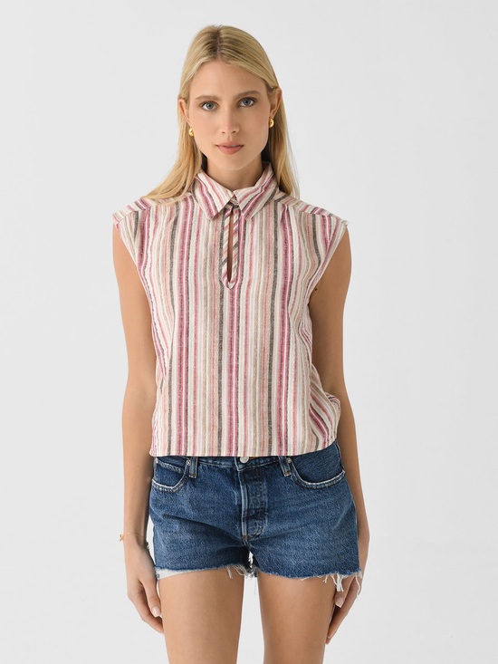 Stark Tops - Sleeveless Striped Collared Top in Pink and Cream